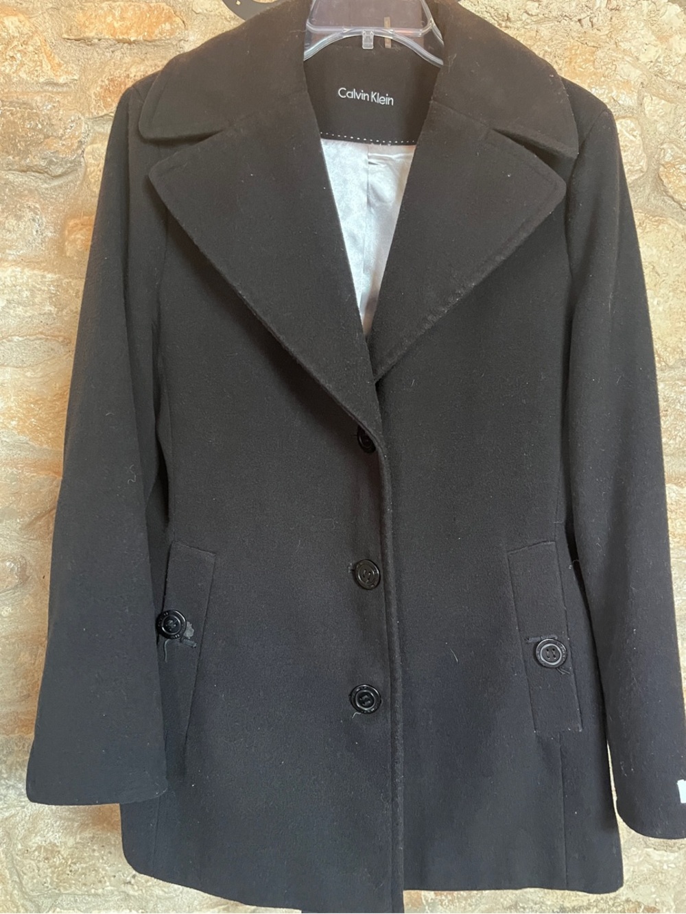 Calvin Klein Black Wool-Blend Pea Coat with Notched Collar